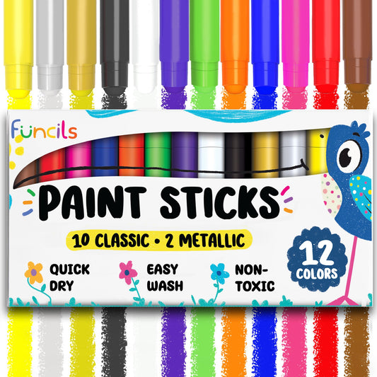 Funcils 12 Tempera Paint Sticks color palette for kids with rich, opaque coverage