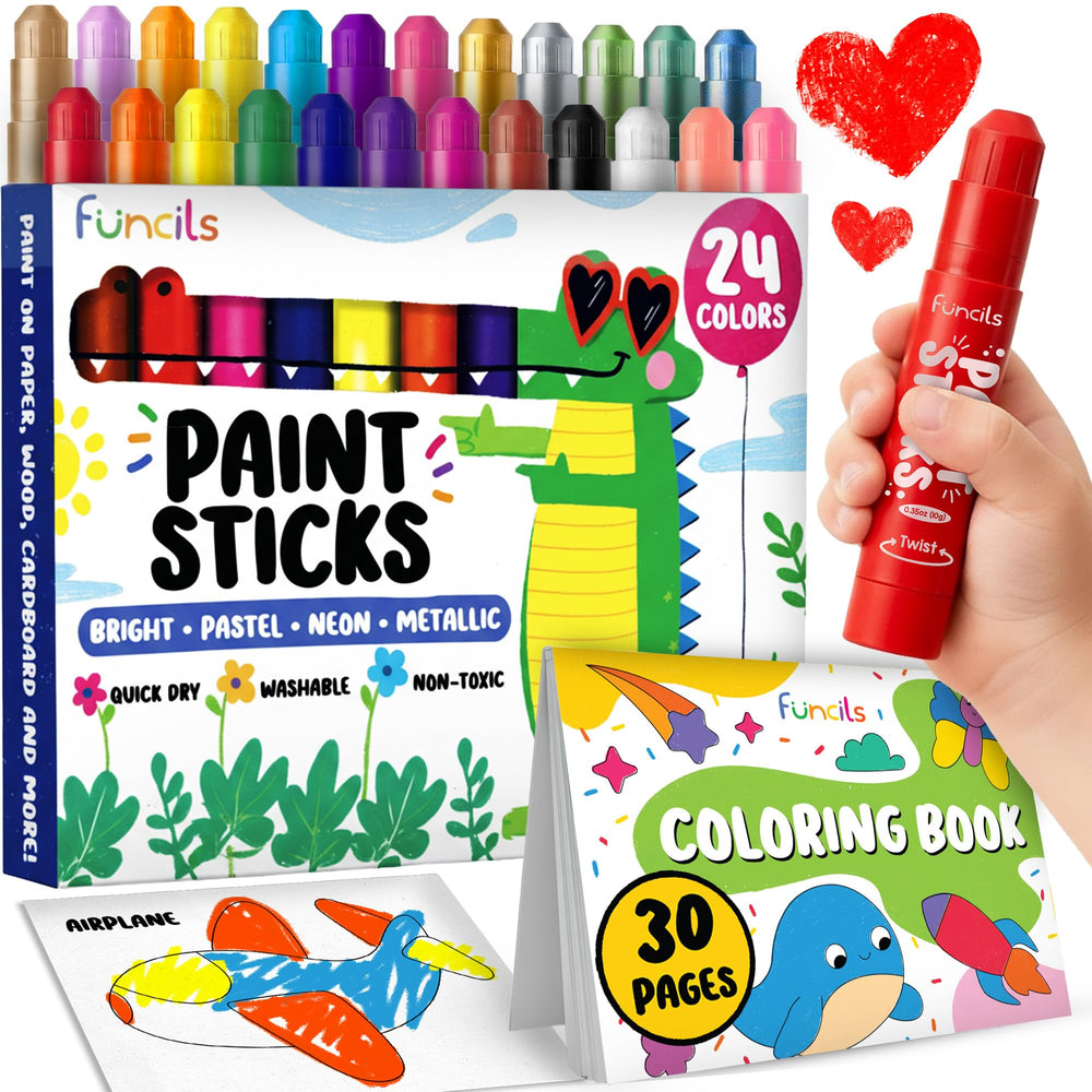Funcils 24 Tempera Paint Sticks on paper for vibrant, mess-free creativity.