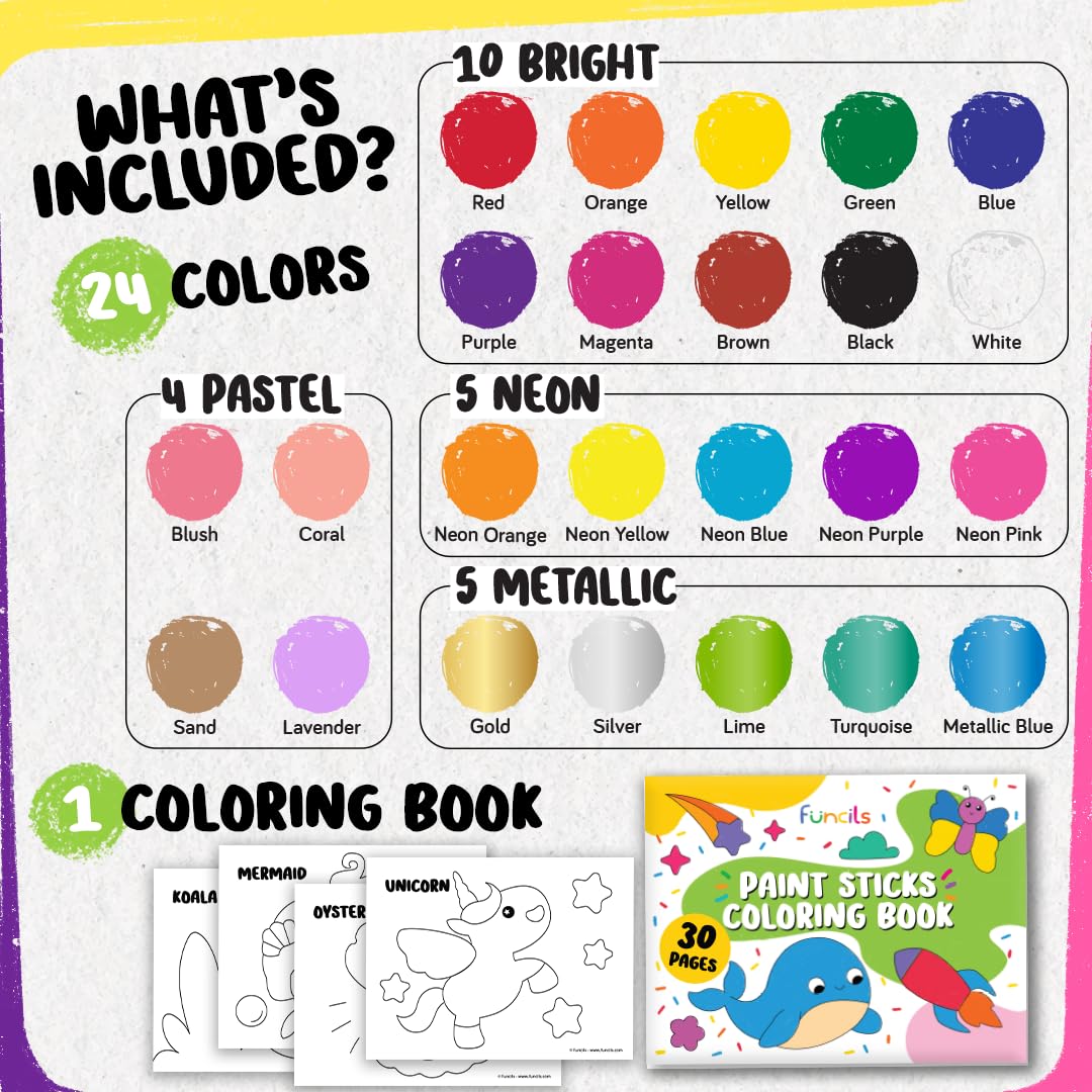 Funcils coloring book included with tempera sticks for structured activities.