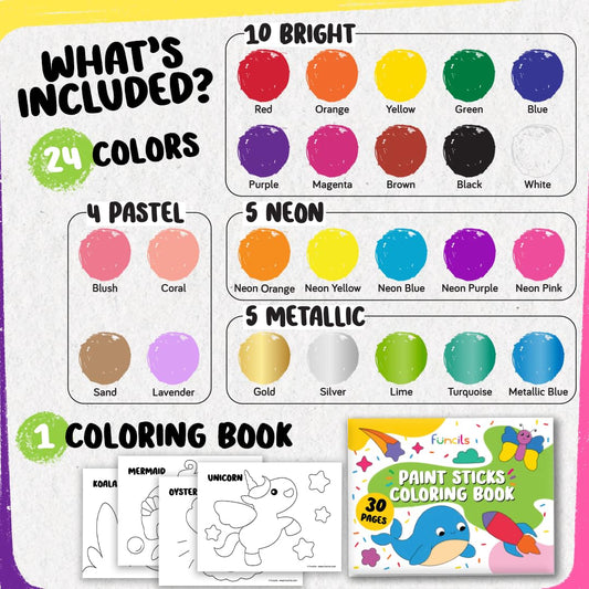 Funcils coloring book included with tempera sticks for structured activities.