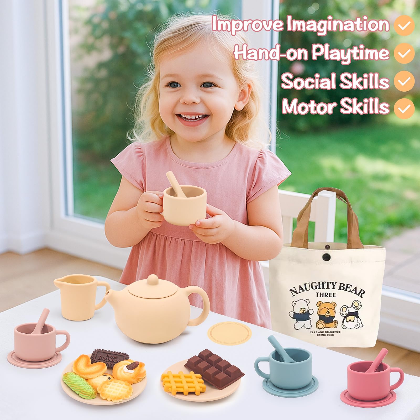 FUNCREVITY silicone tea cups with coasters, kid-friendly size for easy handling during play