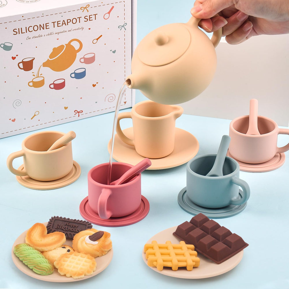 FUNCREVITY silicone tea party set closeup showing soft texture and bright colors