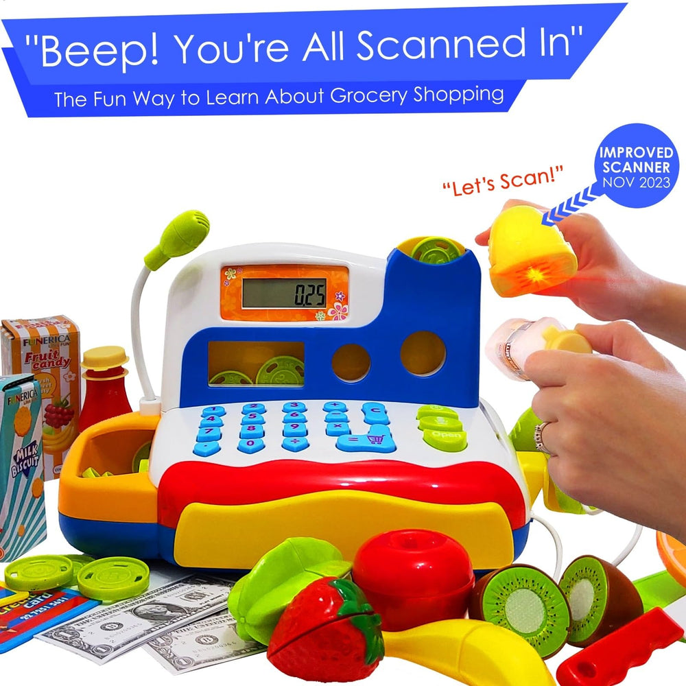FUNERICA cash register scanner button interaction encourages tactile pretend shopping.