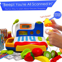 FUNERICA cash register scanner button interaction encourages tactile pretend shopping.