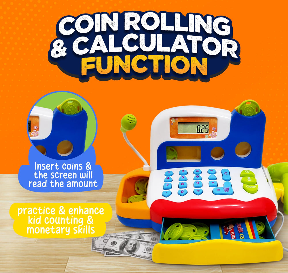 FUNERICA coins interactive set for counting practice during pretend-store activities.
