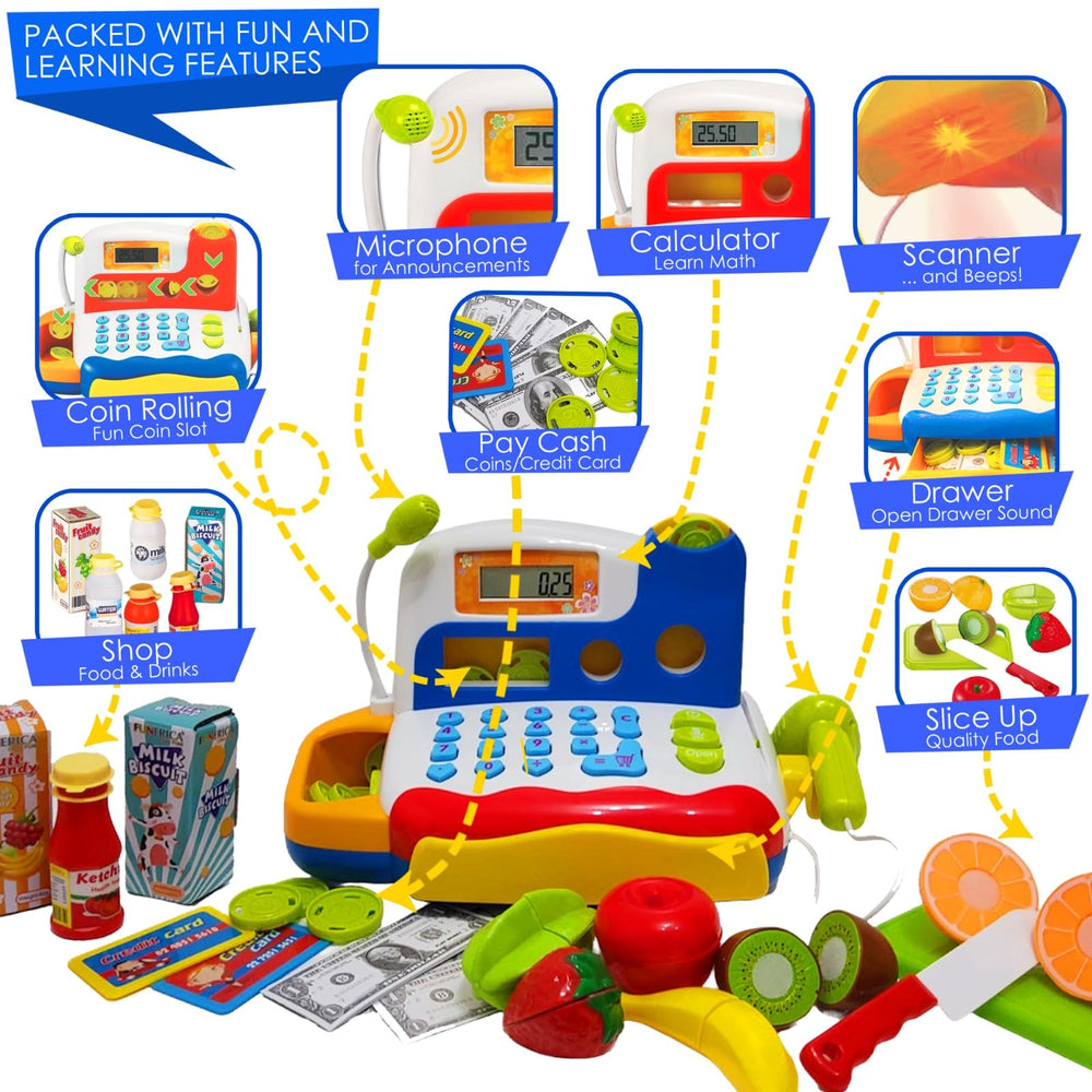 FUNERICA cutting board and knife promote safe pretend food preparation.