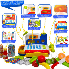 FUNERICA cutting board and knife promote safe pretend food preparation.