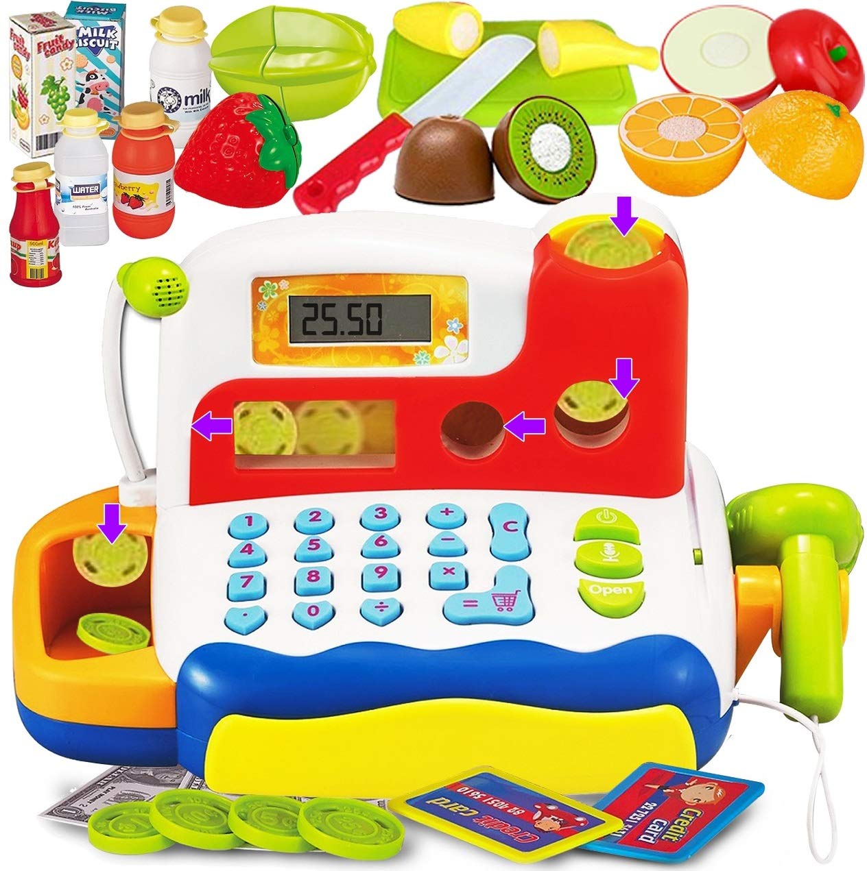 FUNERICA toy cash register front view with bright buttons for imaginative shopping play.