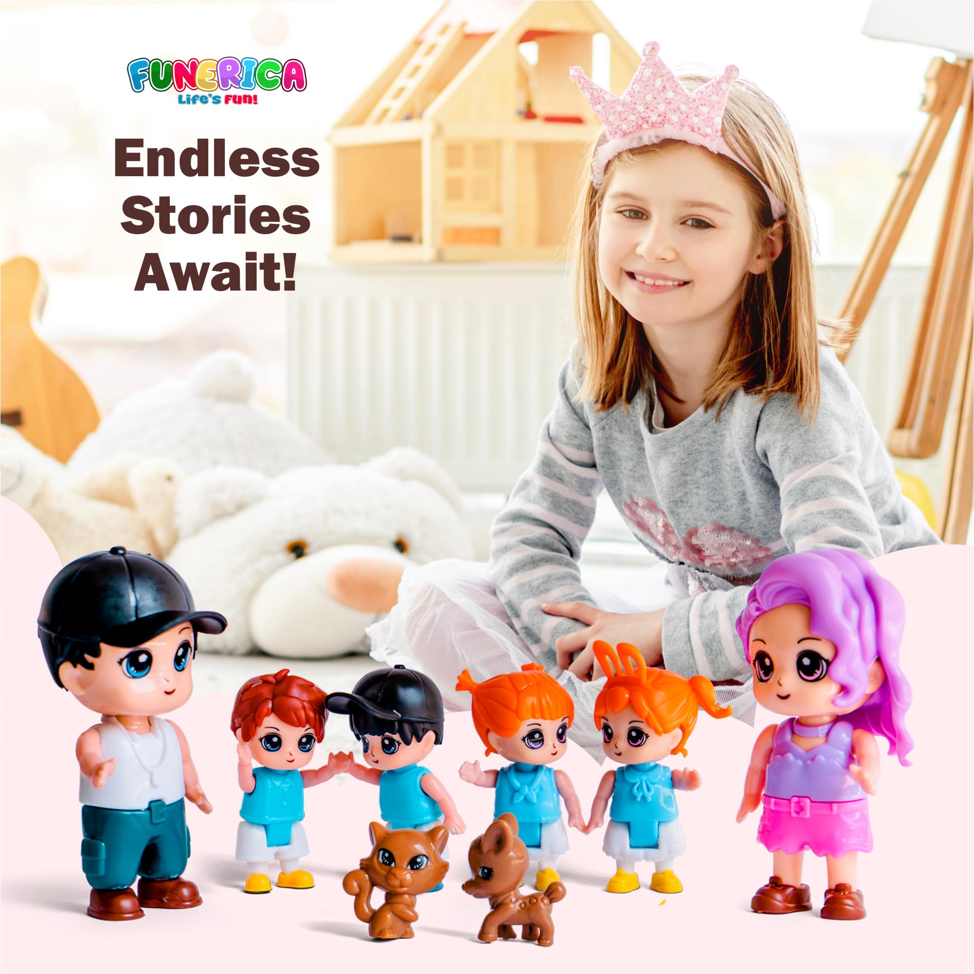 FUNERICA dollhouse-size-dimensions show Dad and Mom ~3 inches, kids ~2.2 inches, pets ~1.5 inches.