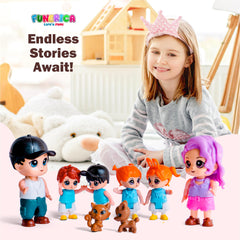 FUNERICA dollhouse-size-dimensions show Dad and Mom ~3 inches, kids ~2.2 inches, pets ~1.5 inches.