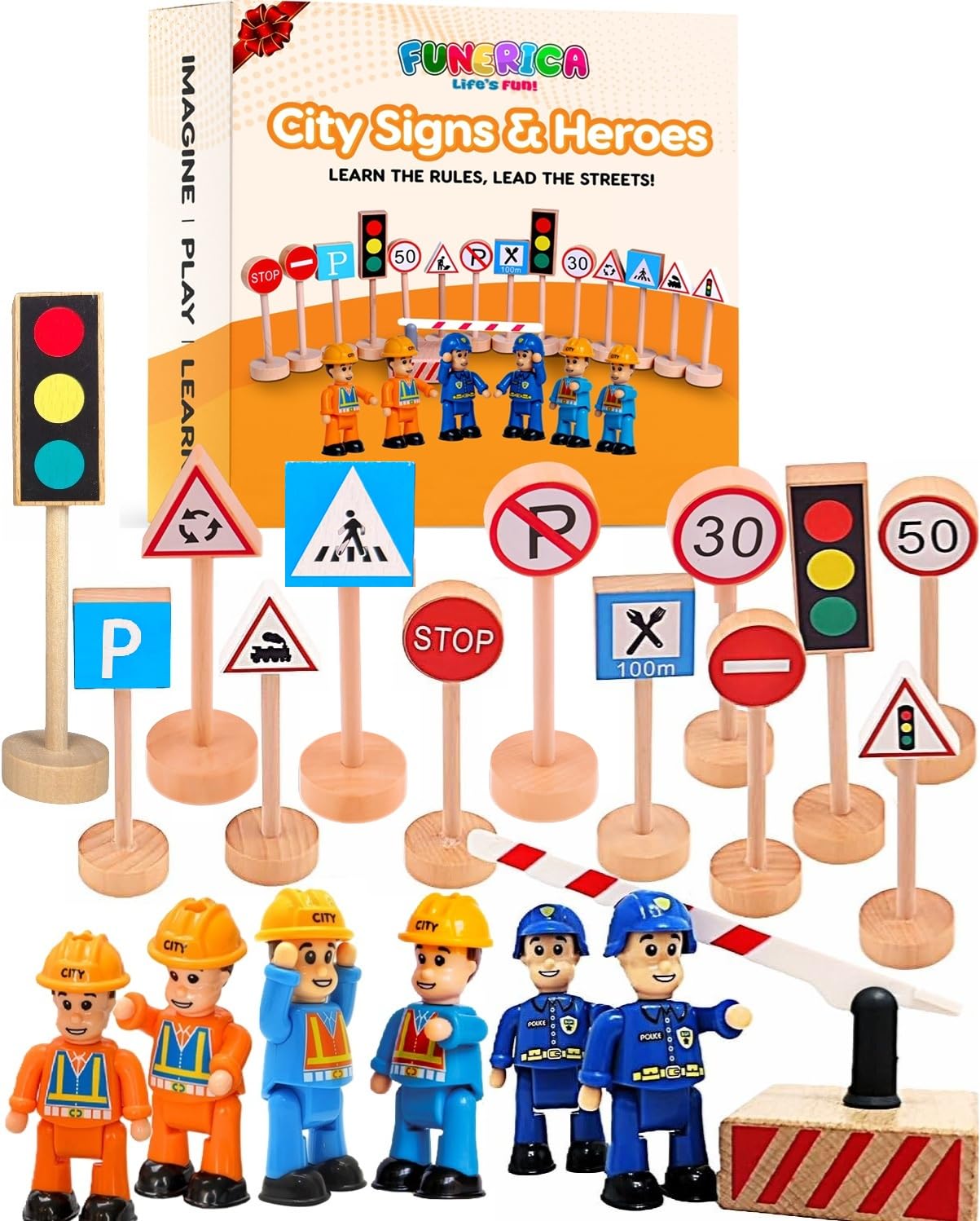 FUNERICA wooden road signs set with traffic signs encourages imaginative play and storytelling