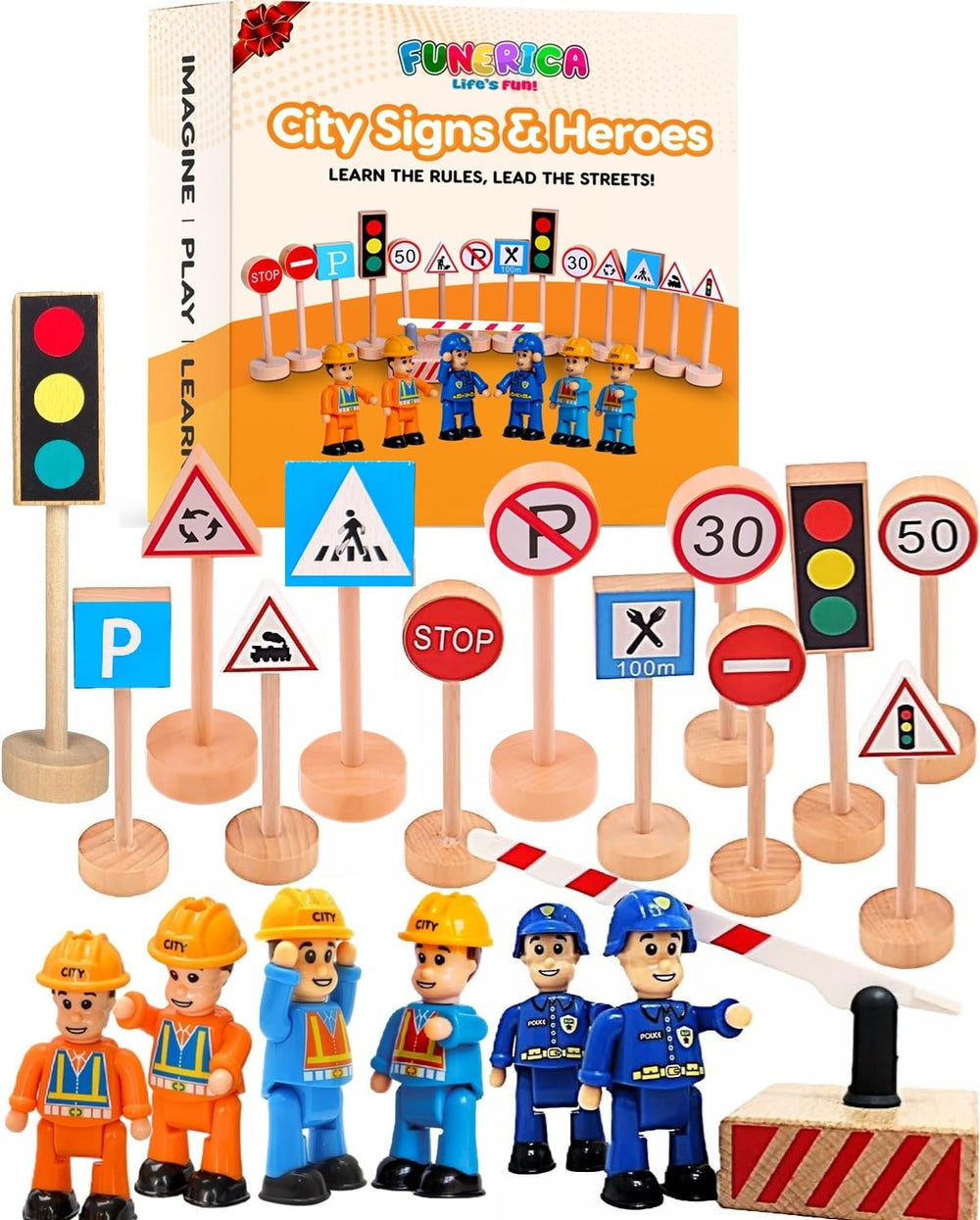 FUNERICA wooden road signs set with traffic signs encourages imaginative play and storytelling