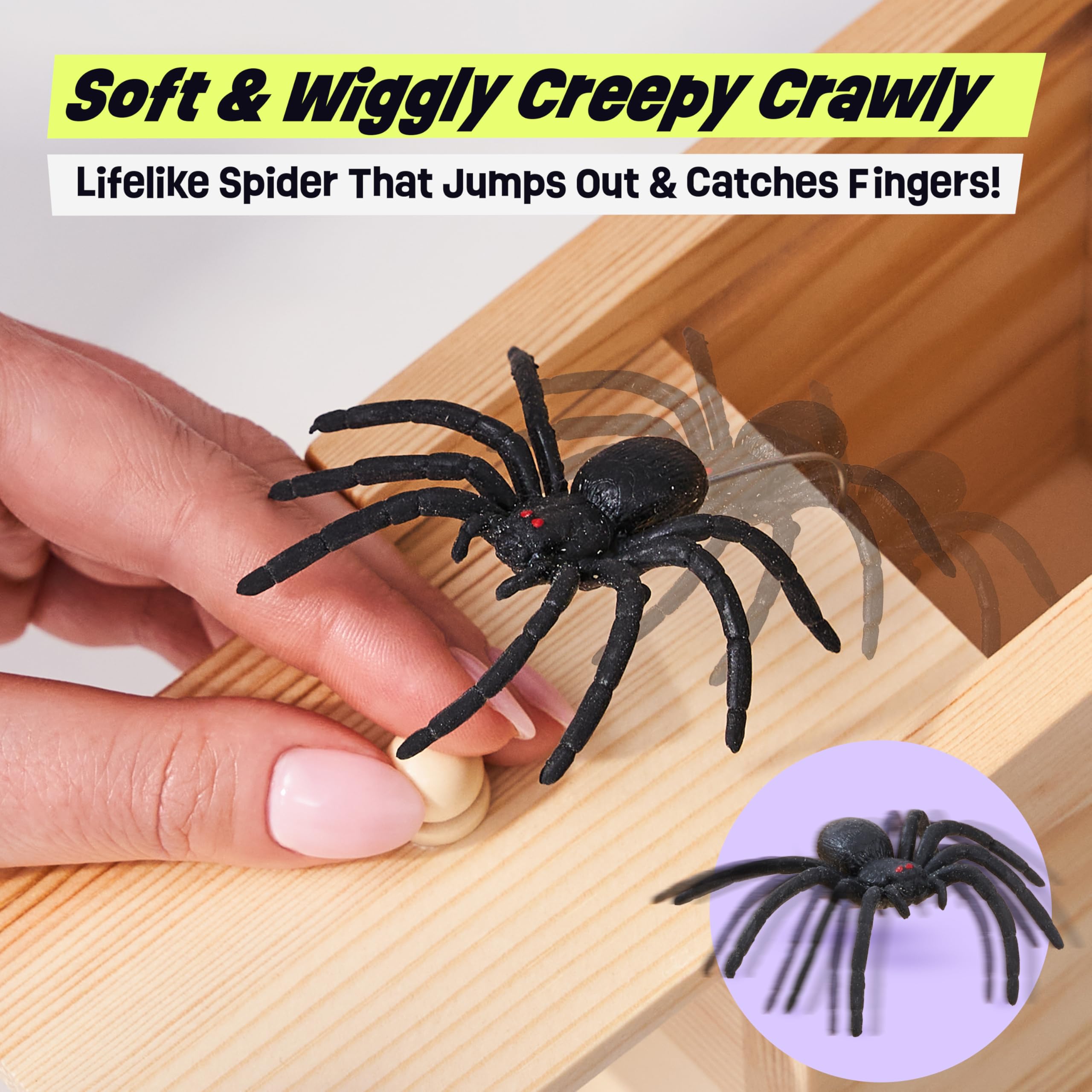 Lifelike jumping spider bursts out, delivering instant playful laughter
