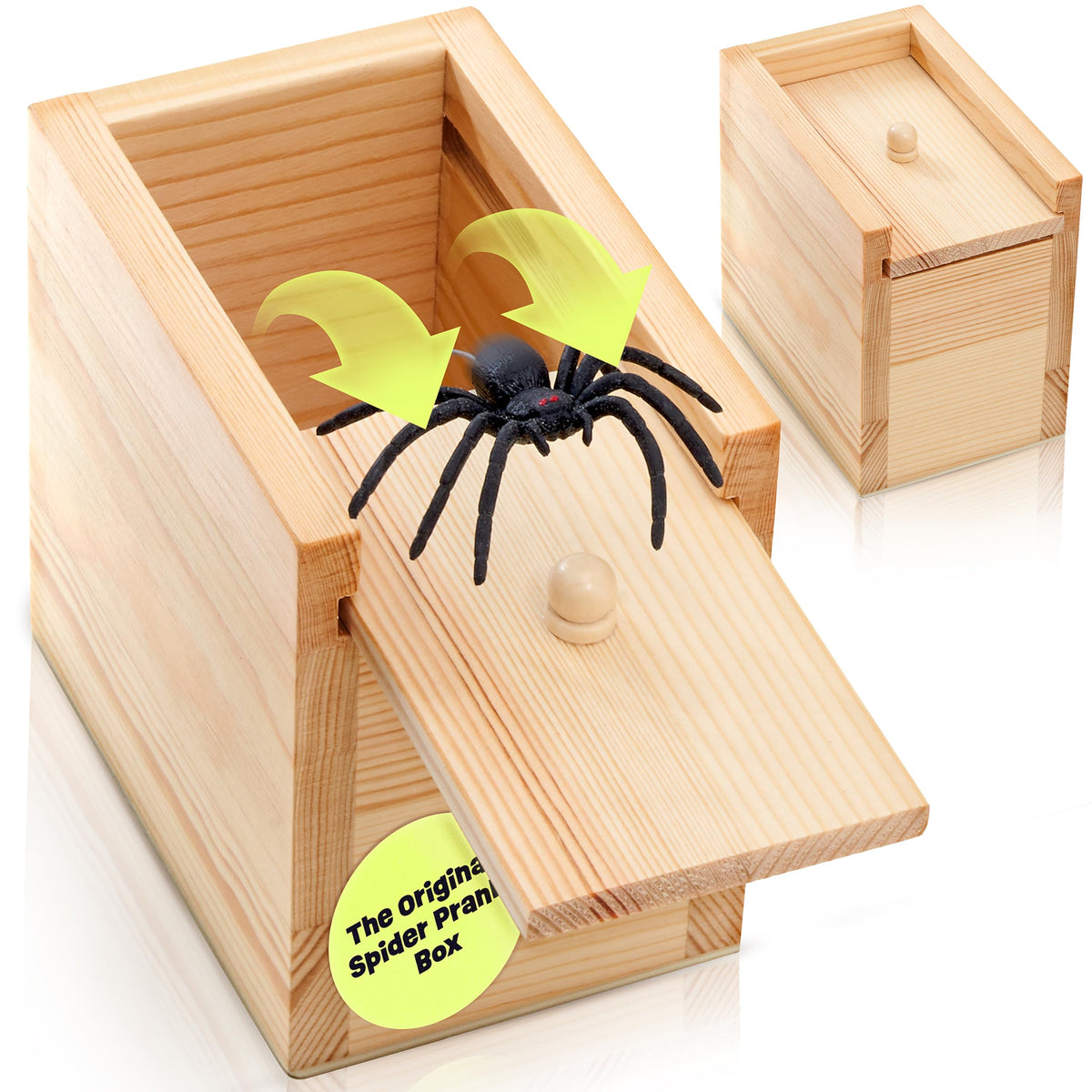 FunFamz Spider Prank Box with lid open revealing jumping spider surprise