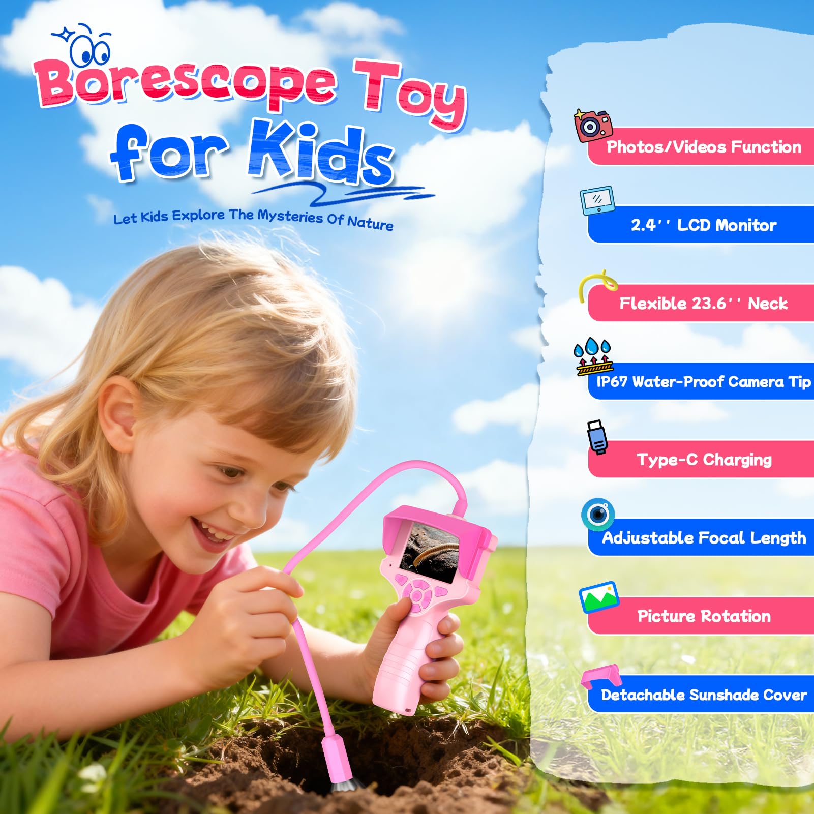 FunforFun borescope snake camera sun visor clears screen under bright sun.