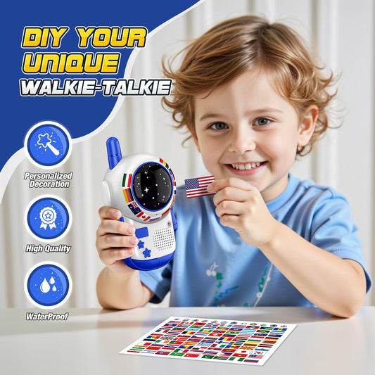 FunforFun walkie talkies with flag stickers for personalized outdoor adventures.
