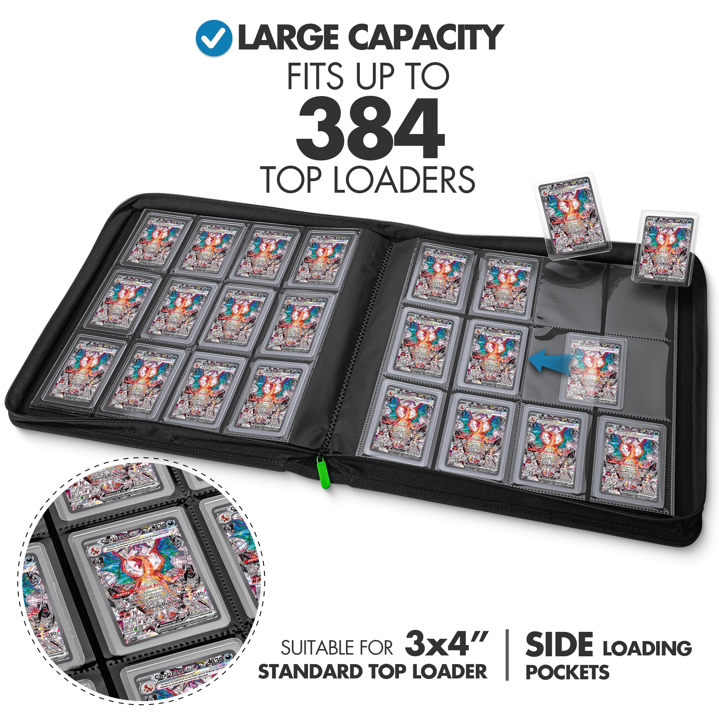 Open front cover view showing 12 pockets per page for 384 cards.