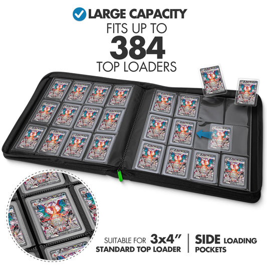 Open front cover view showing 12 pockets per page for 384 cards.