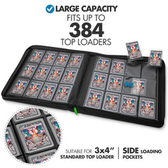 Open front cover view showing 12 pockets per page for 384 cards.