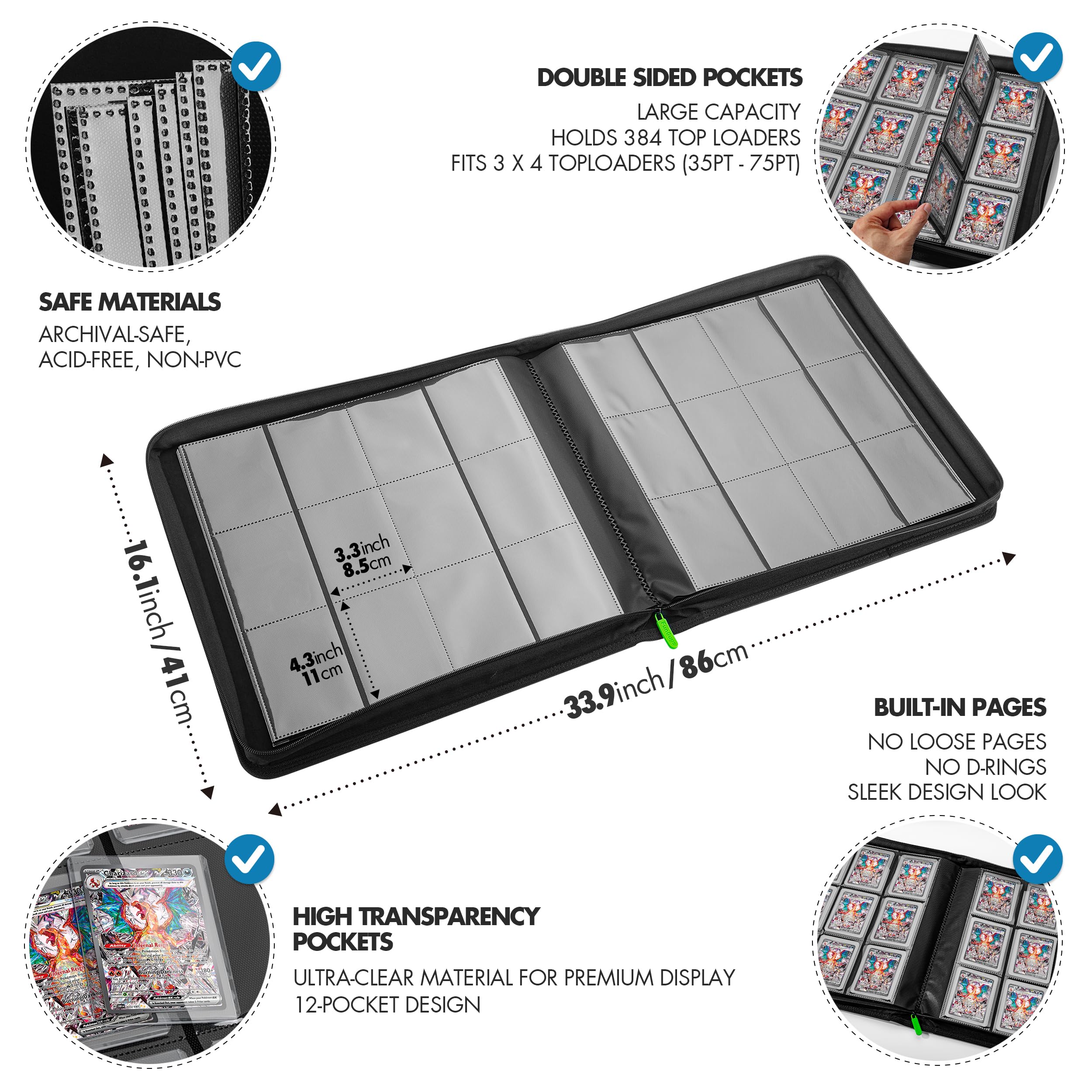 Side-loading pockets keep top loaders in place during movement.