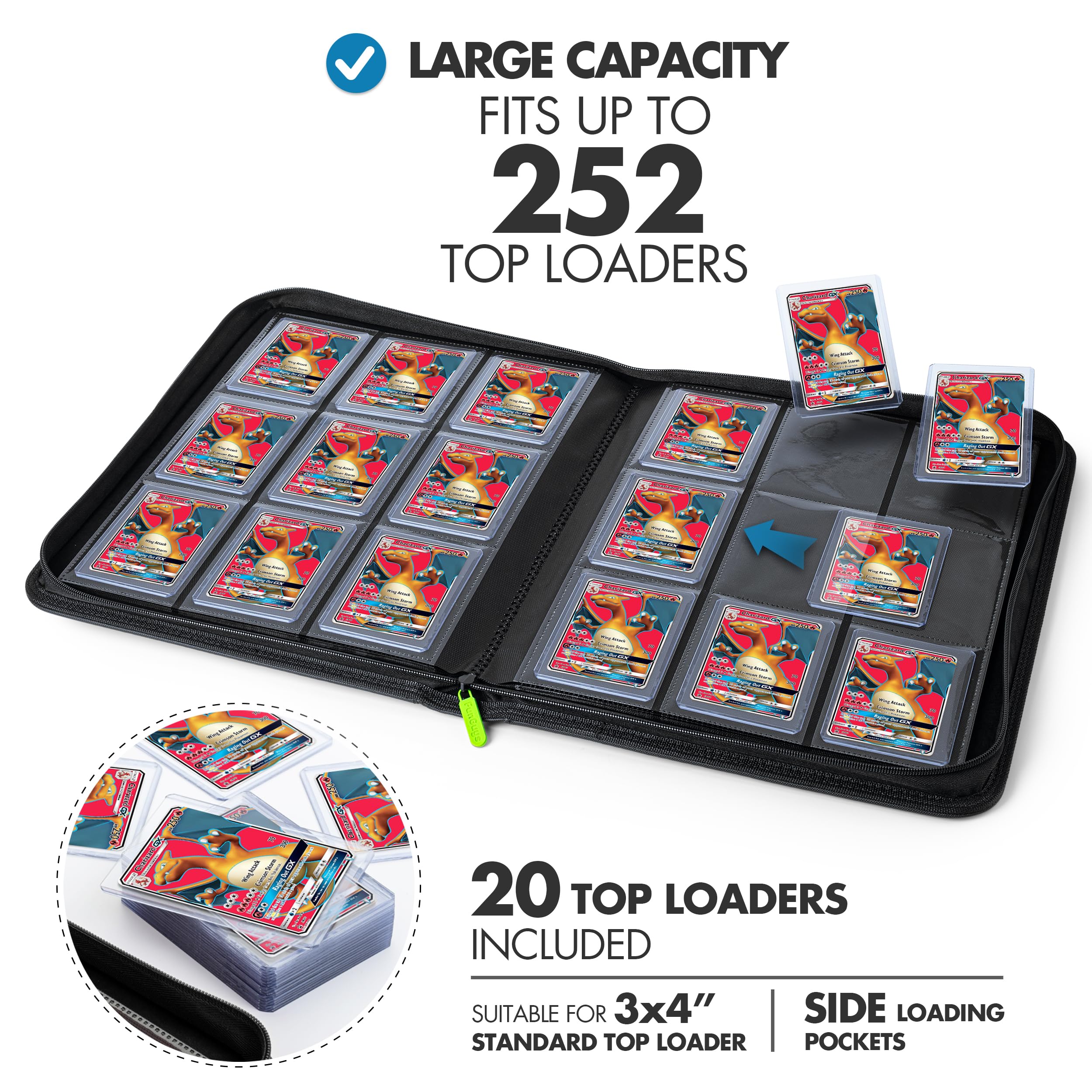 FunGuys Toploader Binder suede interior cushions cards and reduces scratches during travel