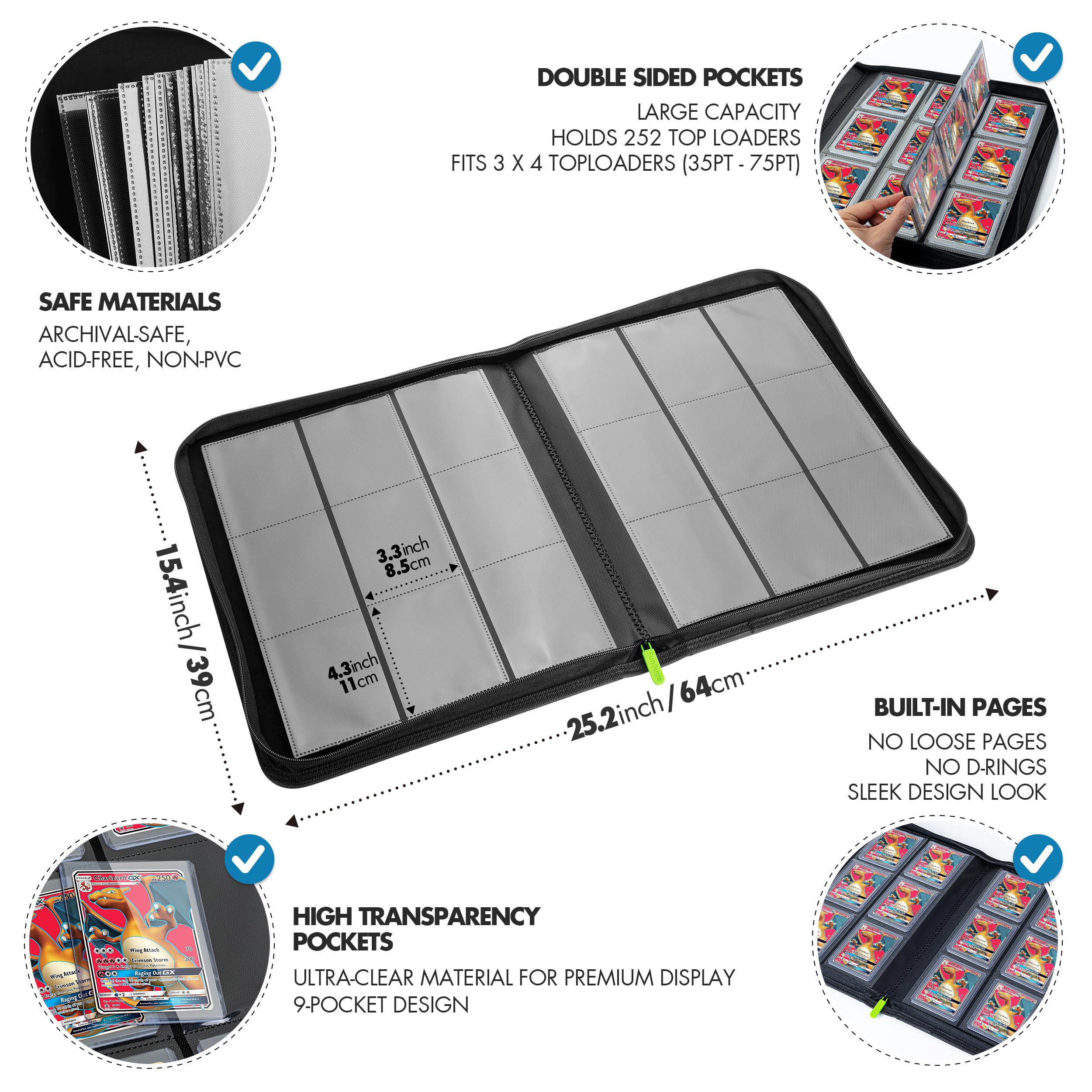 FunGuys Toploader Binder zipper closure fully secures cards against spills and dust