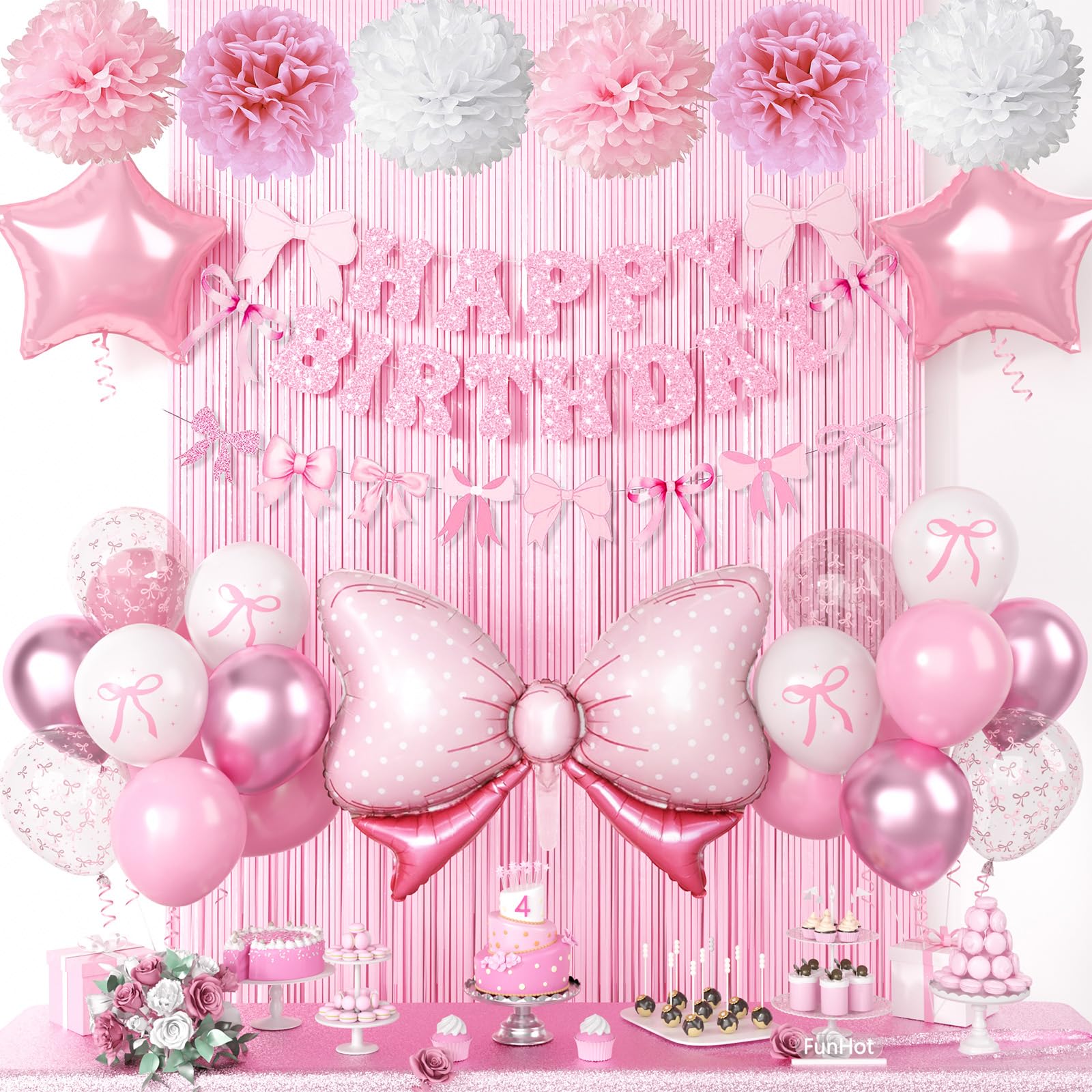 FunHot pink bow banner adds festive charm to birthday decor.