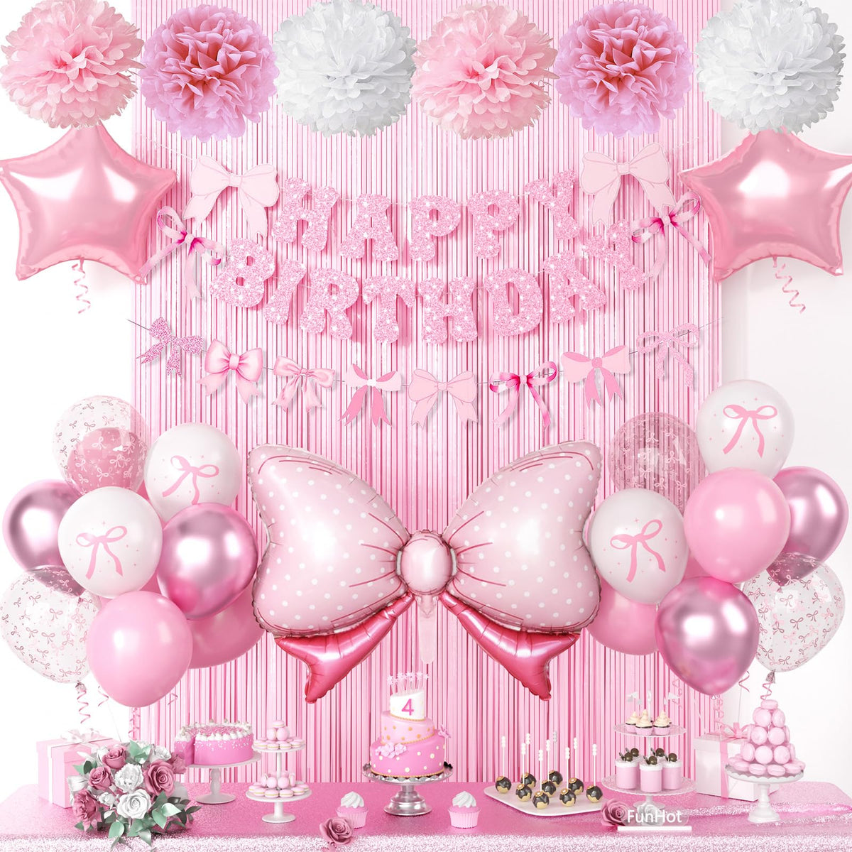 FunHot pink bow banner adds festive charm to birthday decor.