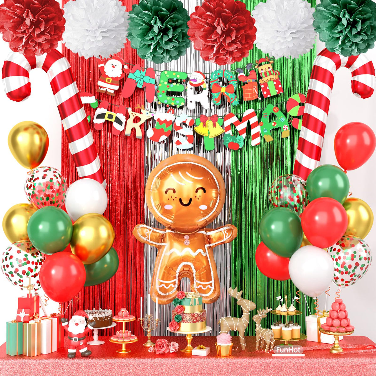 FunHot red-green-silver foil curtain adds a vibrant festive backdrop for celebrations.