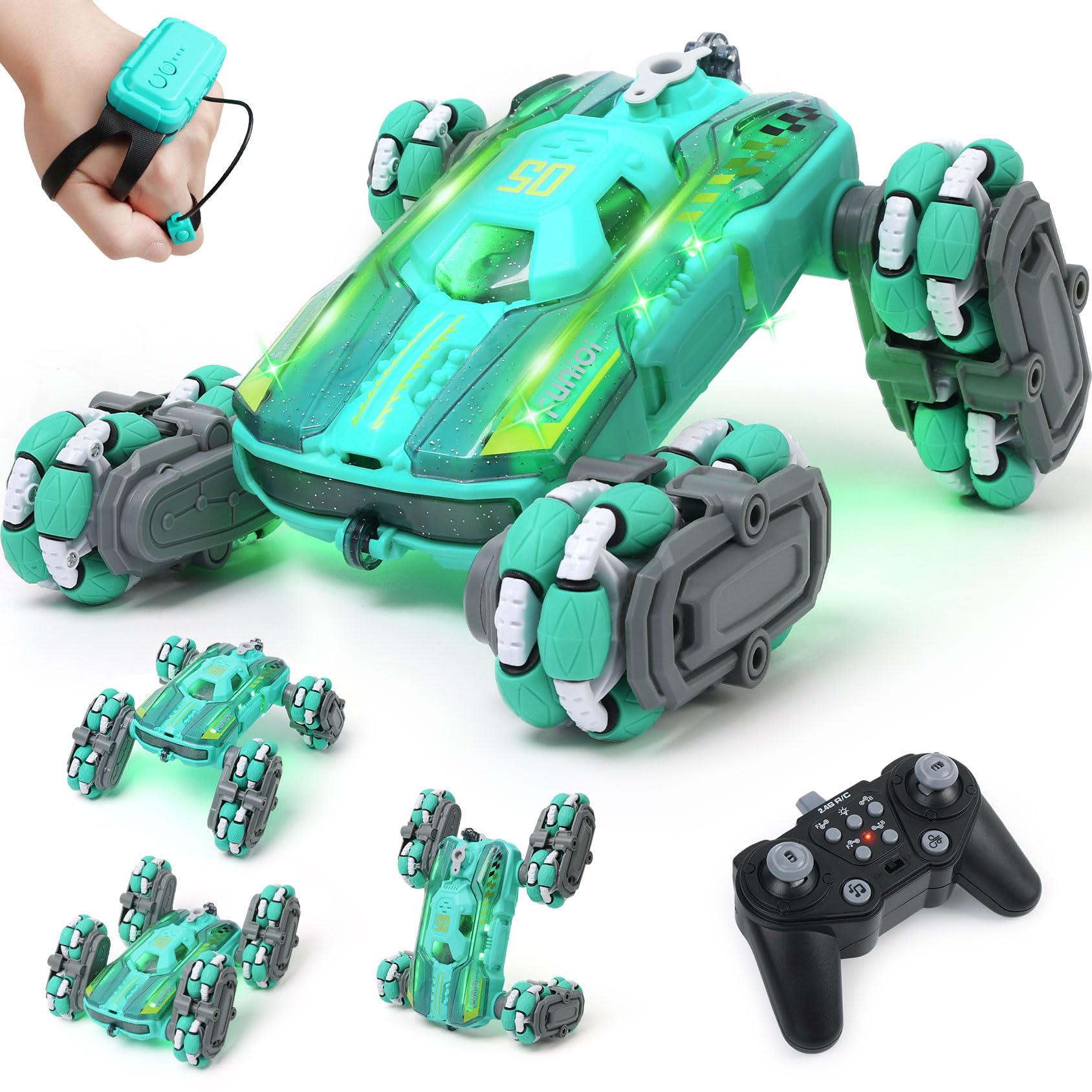 FUNiOi cool 8WD RC stunt car side view shows rugged tracks for versatile play