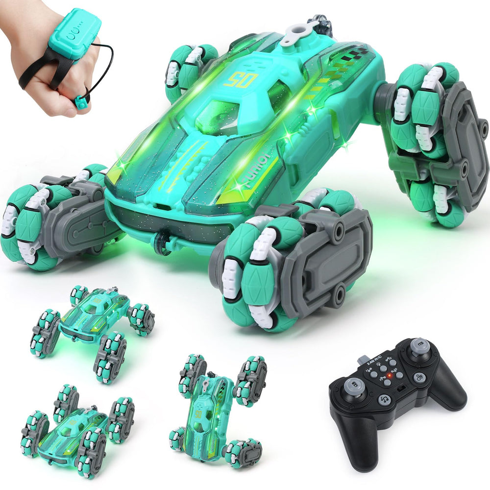 FUNiOi cool 8WD RC stunt car side view shows rugged tracks for versatile play
