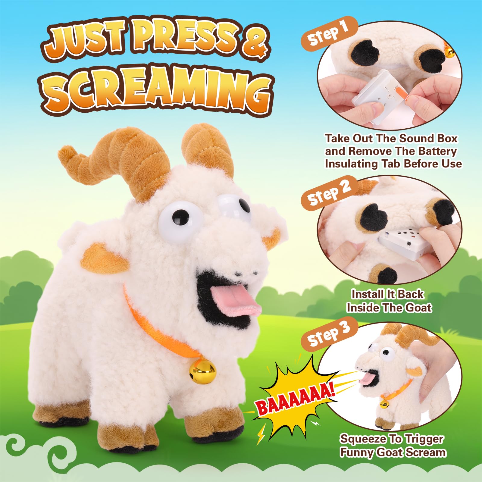 Soft FunisFun goat plush with reinforced seams for durability.