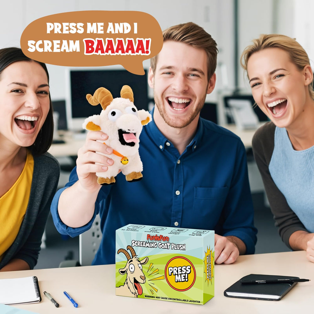 FunisFun goat plush squeaks loudly, perfect for office moments.