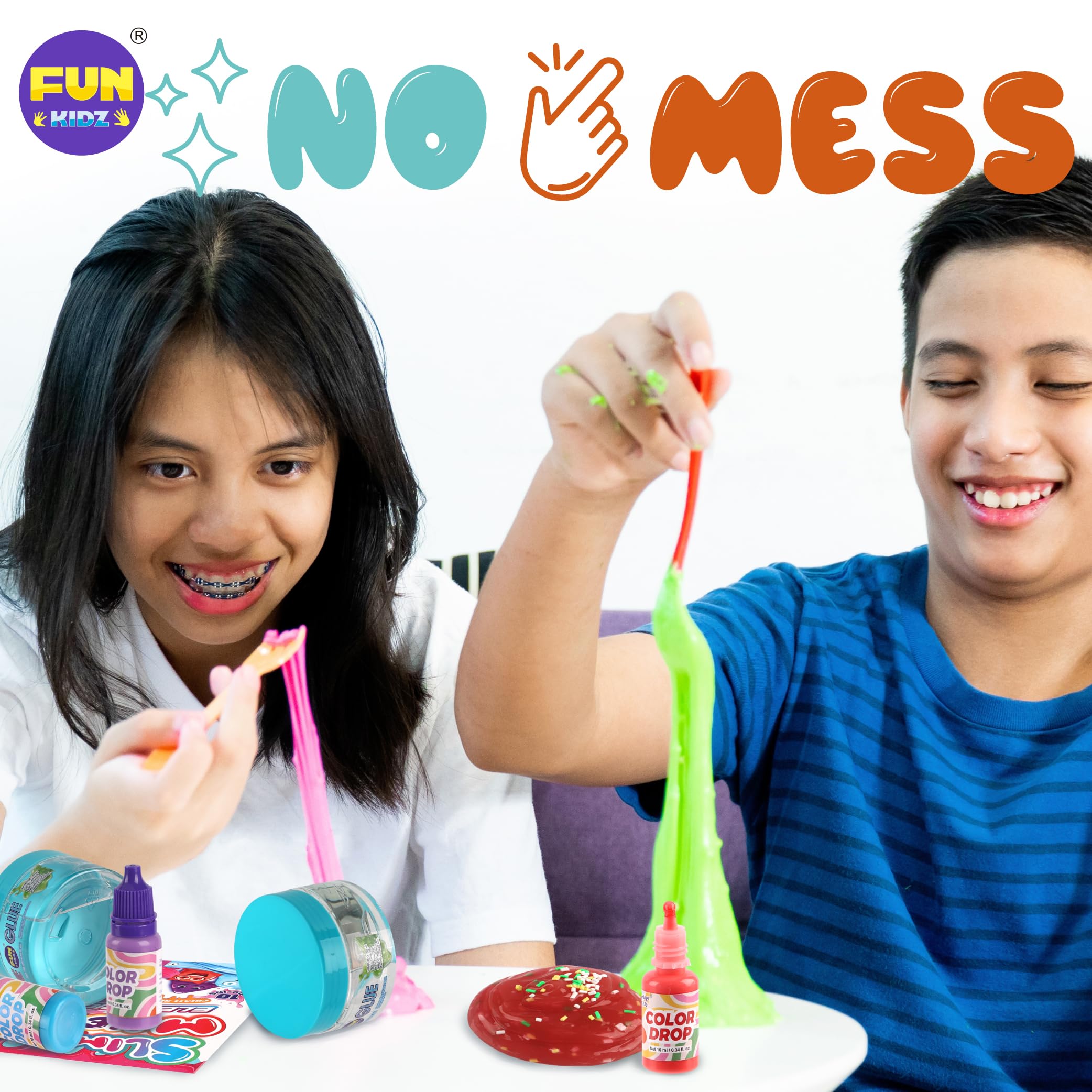 FUN KIDZ scented color slime glue adds vibrant hues for customization.