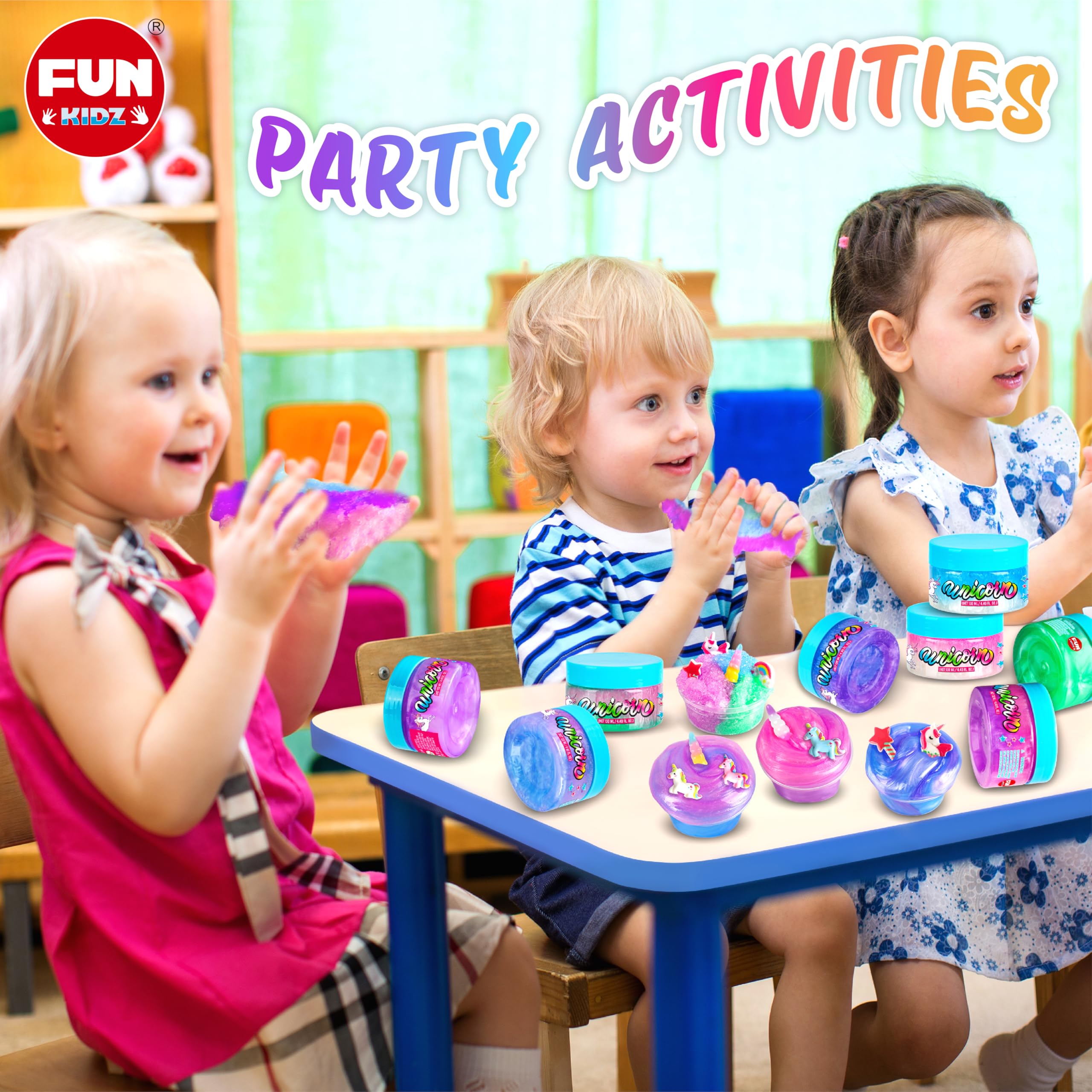 Funkidz Unicorn Rainbow Charms add charm accents for imaginative slime crafts.