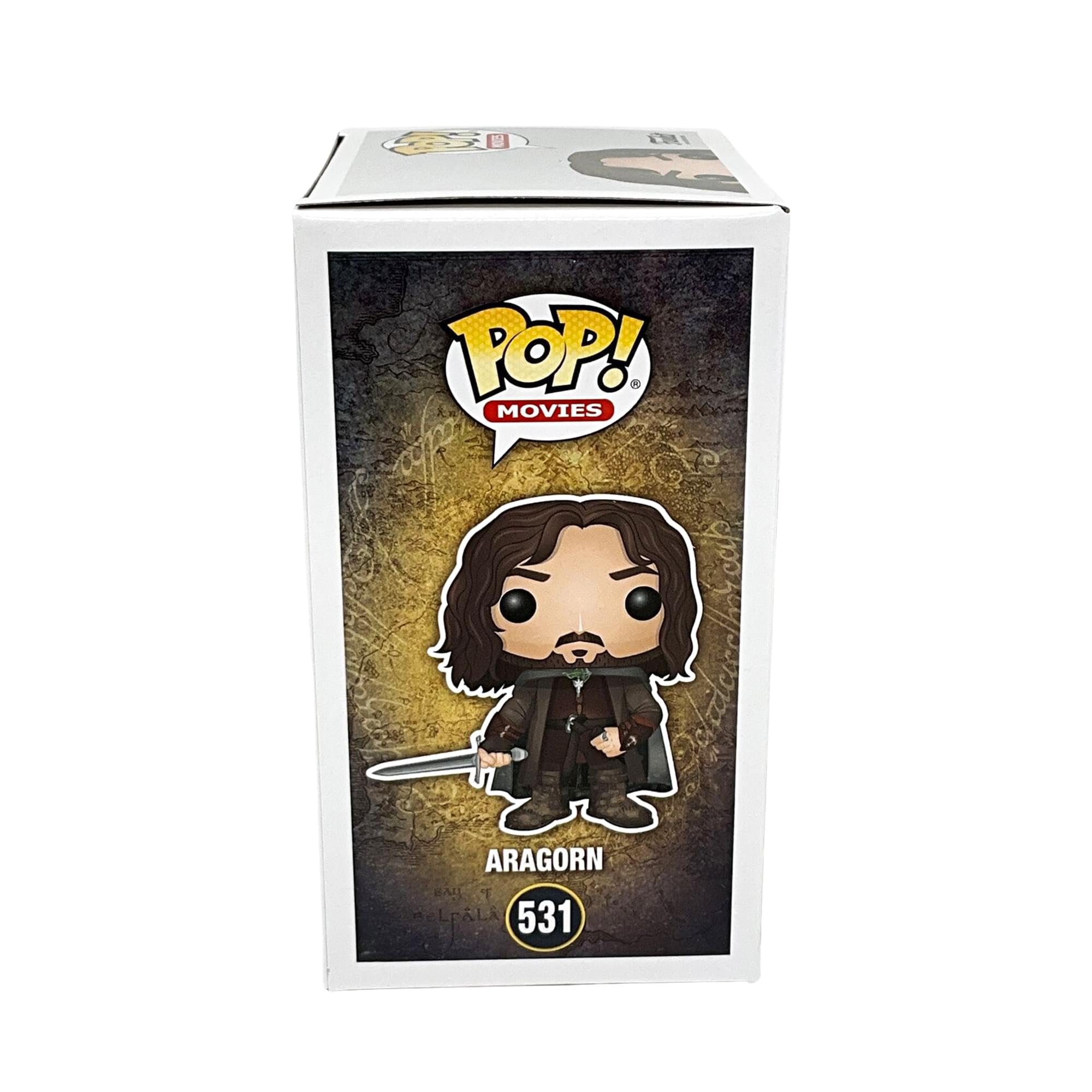 Funko POP Aragorn brown-styled vinyl, collectible with window box packaging.