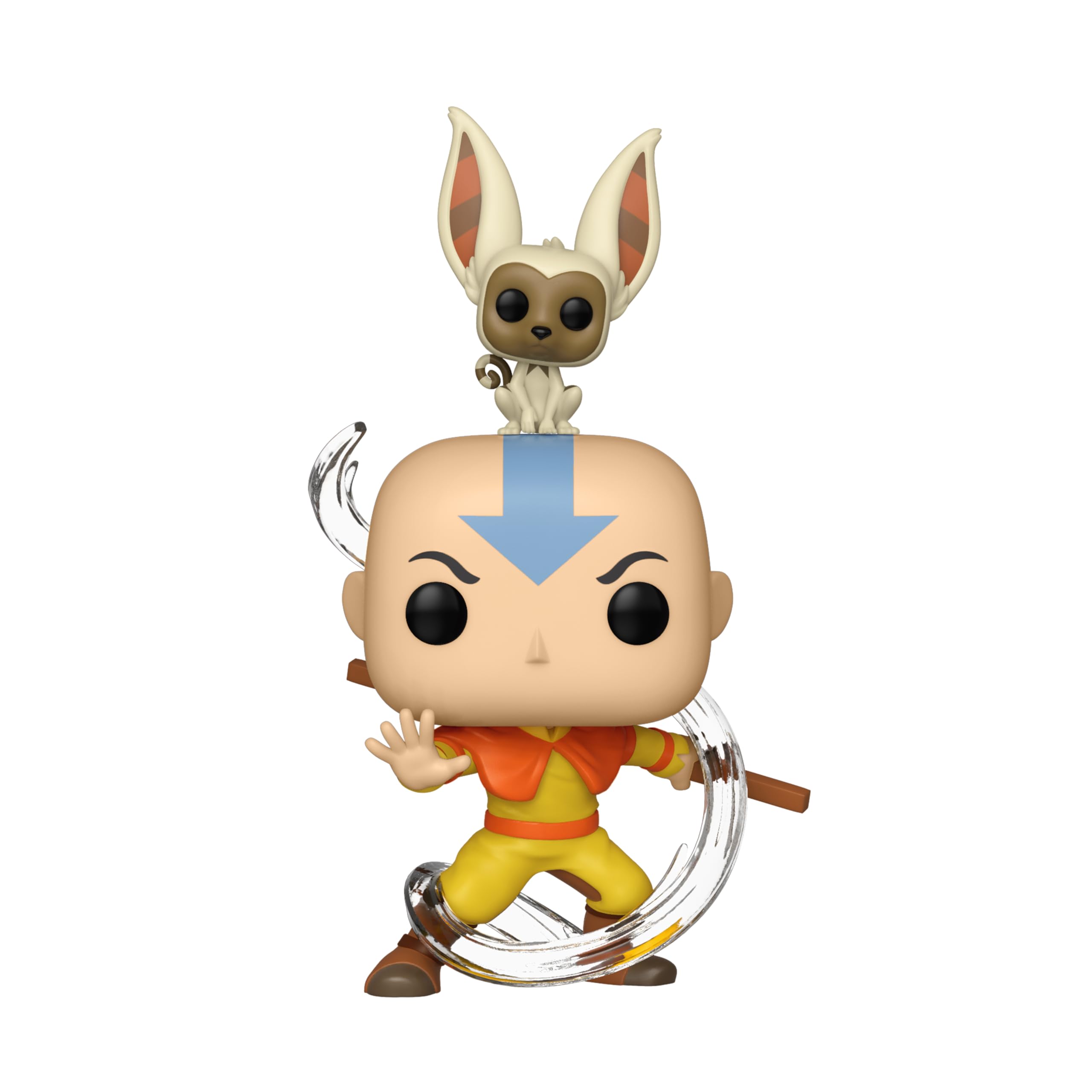 Funko Aang with Momo Pop figure enhances Avatar collection on display.