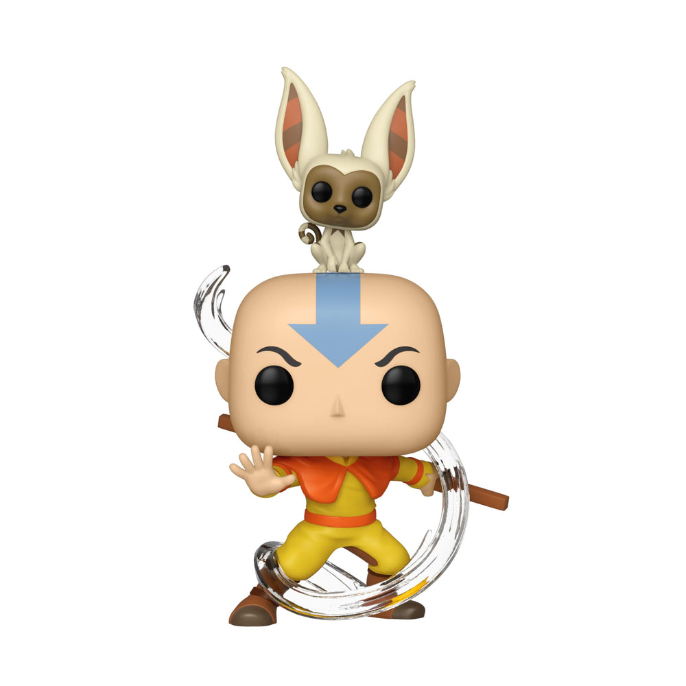 Funko Aang with Momo Pop figure enhances Avatar collection on display.