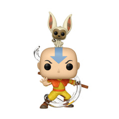 Funko Aang with Momo Pop figure enhances Avatar collection on display.
