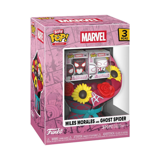 Funko Bitty Pop Bouquet with Miles Morales and Ghost Spider for display and gifting