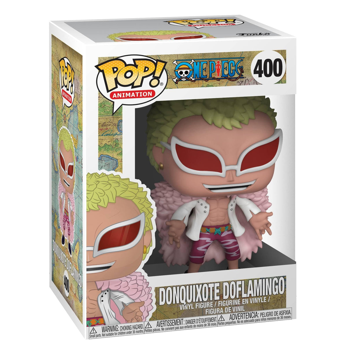 Funko Doflamingo Pop figure front view for shelf display and collection.