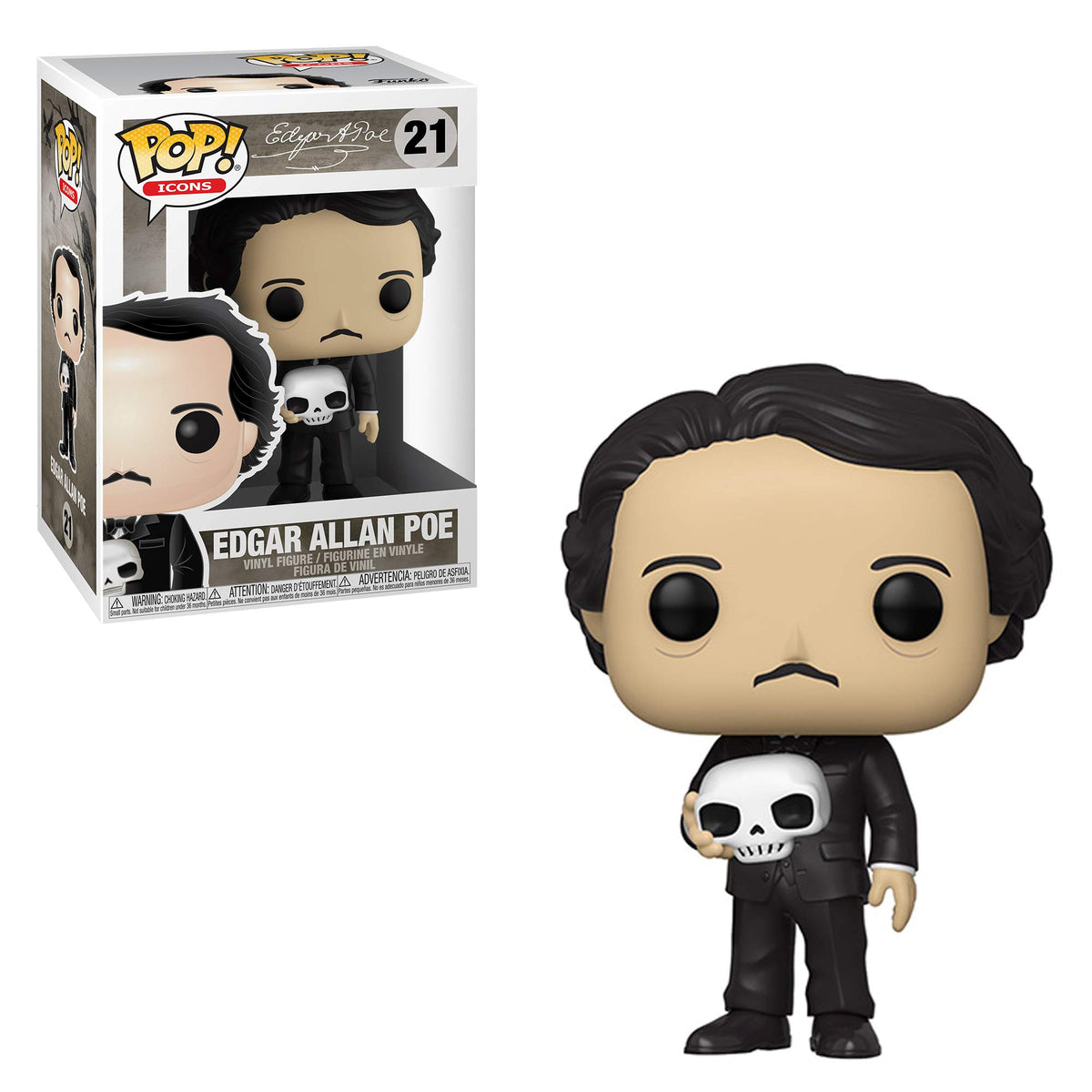 Funko Pop! Icons Edgar Allan Poe with Skull figure for desk display and collector inspiration.