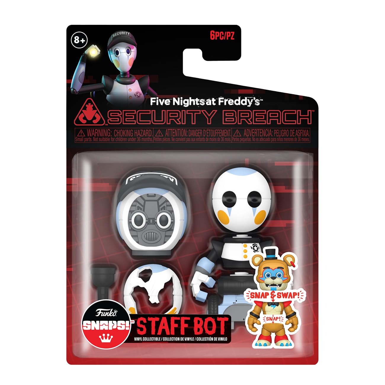 Funko FNAF SNAPS Staff Bot figure closeup showcases customizable parts for personalized display and play
