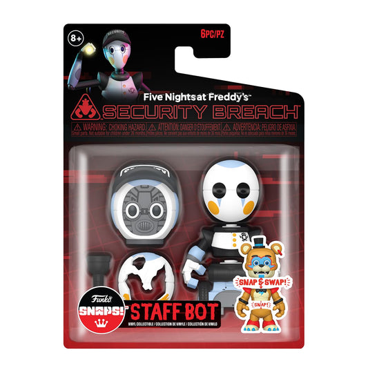 Funko FNAF SNAPS Staff Bot figure closeup showcases customizable parts for personalized display and play