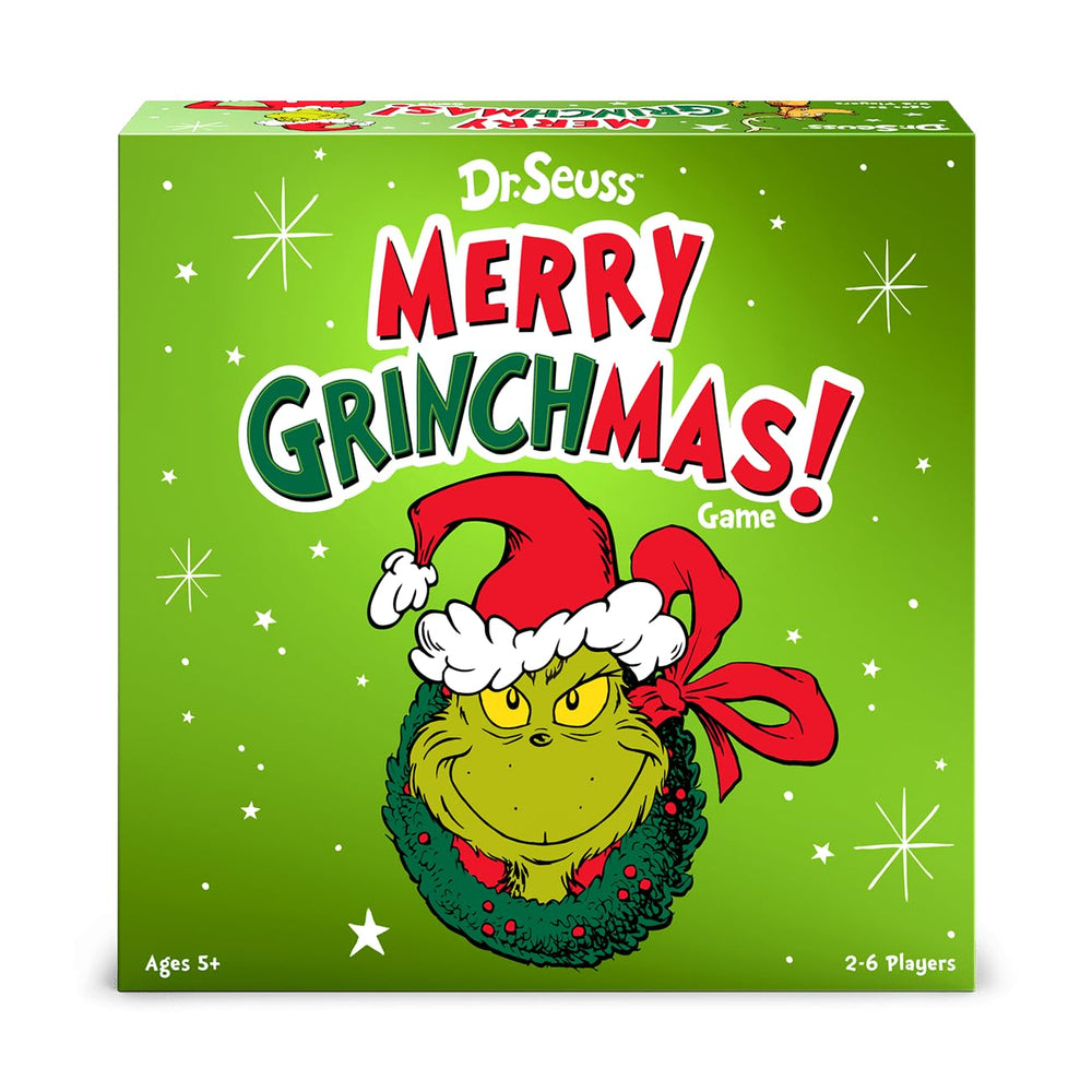 Funko Games Dr. Seuss Merry Grinchmas Grinch mover on a colorful Who-ville board for family play.