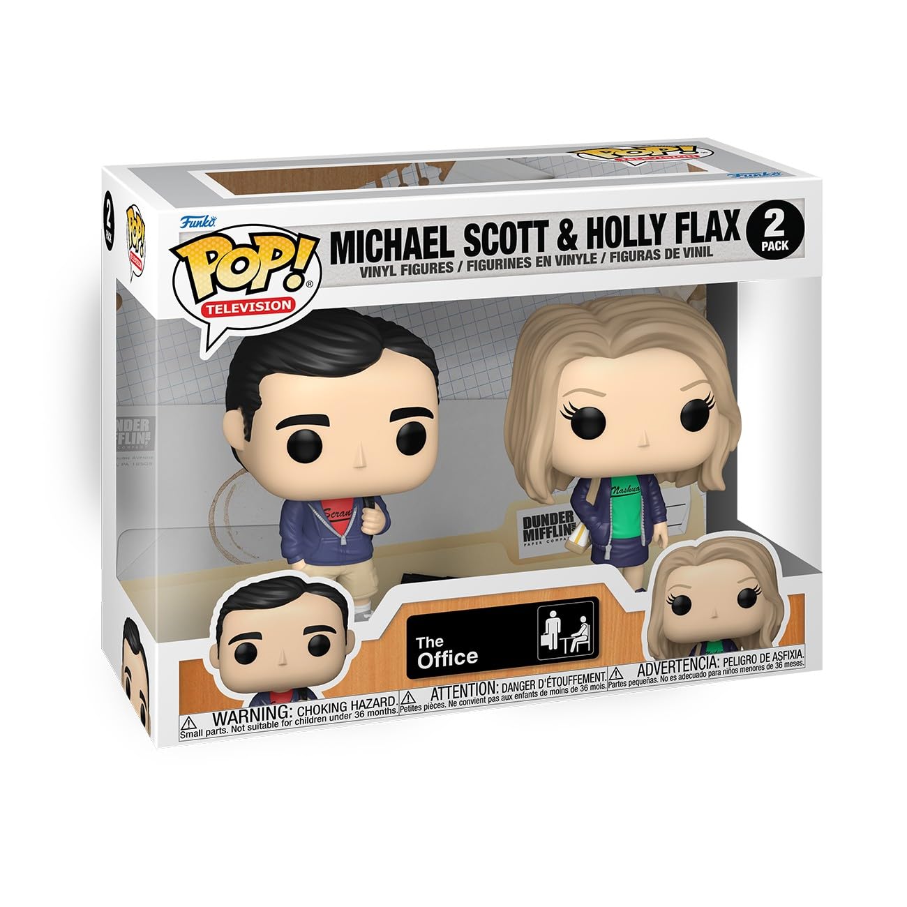 Packaging view of Funko Pop Michael Scott and Holly Flax 2-pack, ideal for gifting