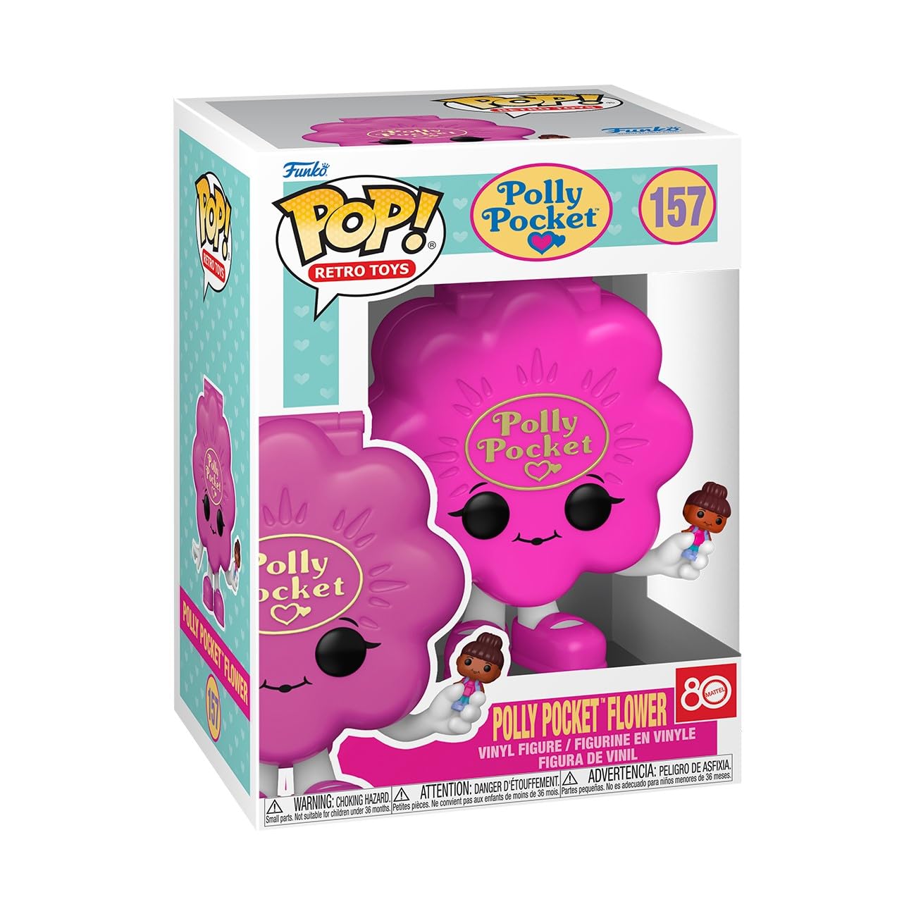 Funko Polly Pocket Flower figure showcases a compact-inspired pink design perfect for display.