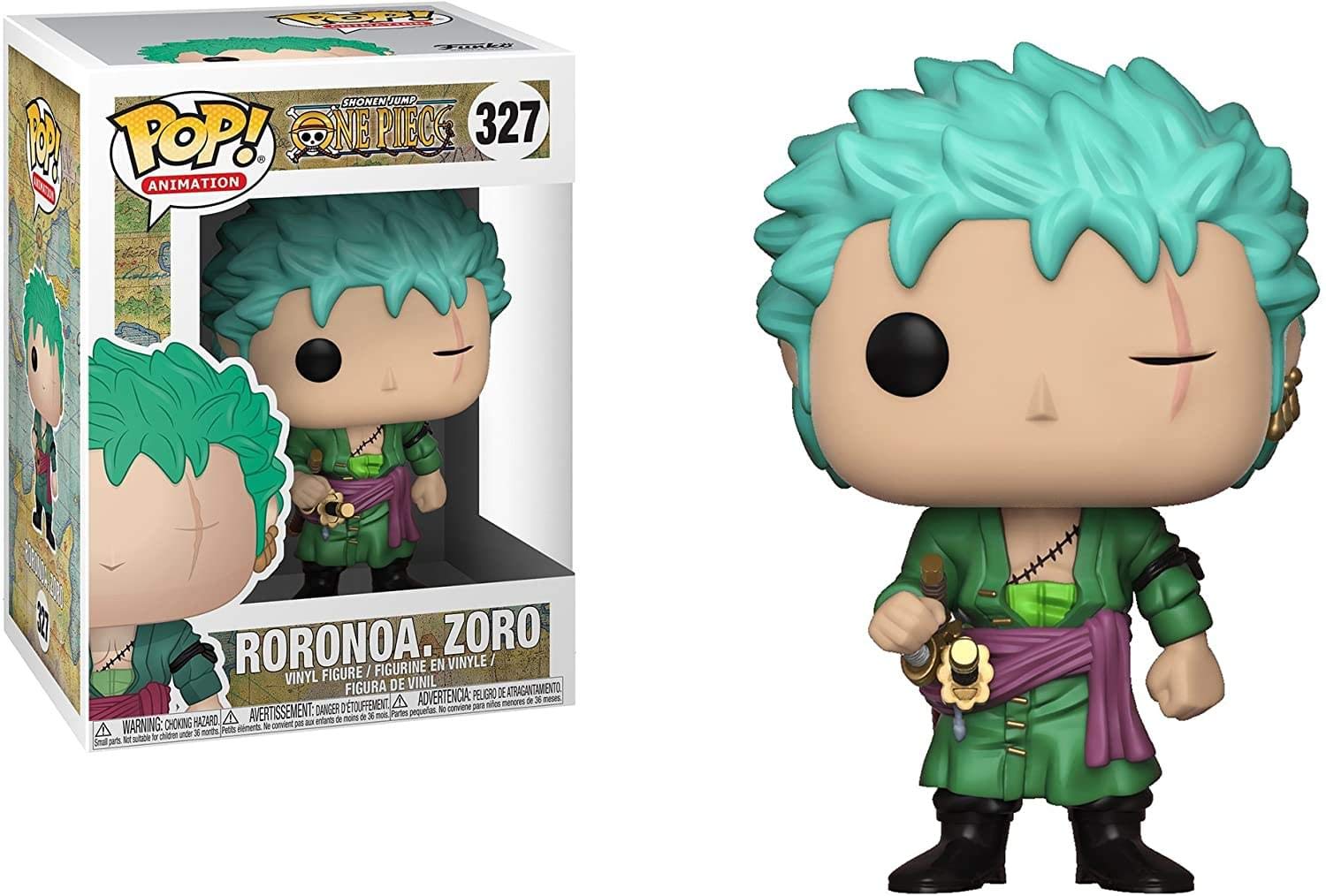 Funko Pop Zoro figure on display, ideal for desk or shelf collections.