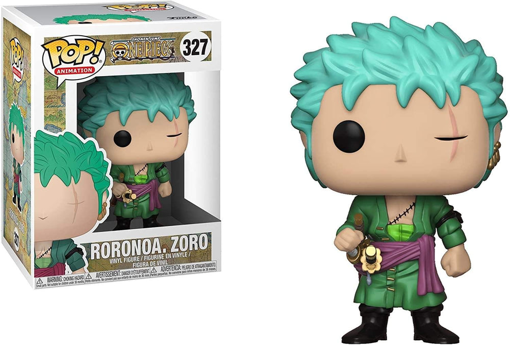 Funko Pop Zoro figure on display, ideal for desk or shelf collections.