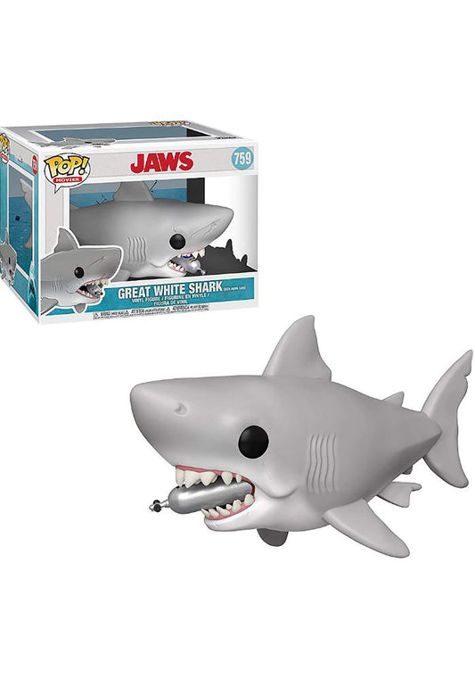 Funko Pop! Jaws diving tank figure on display shelf, ideal for collection.